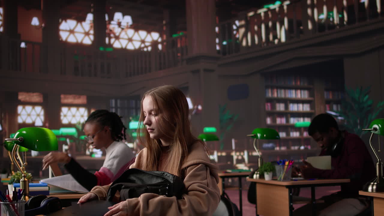 Vertical video college student borrowing books to study for upcoming exams