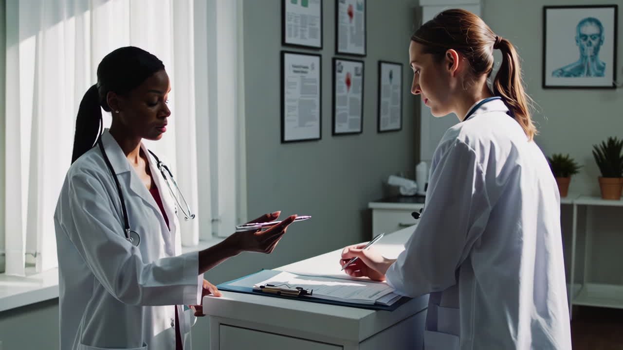 Two female doctors discussing and writing in a medical office