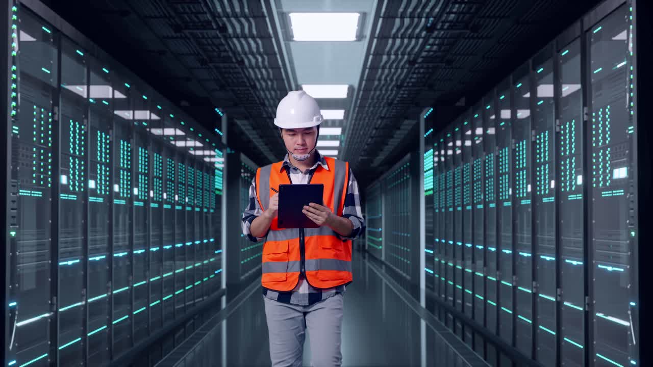 Front View of Asian Male Engineer Taking Note on Tablet While Walking in Server Room Data Center