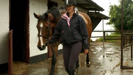 Pretty-brunette-leading-her-horse