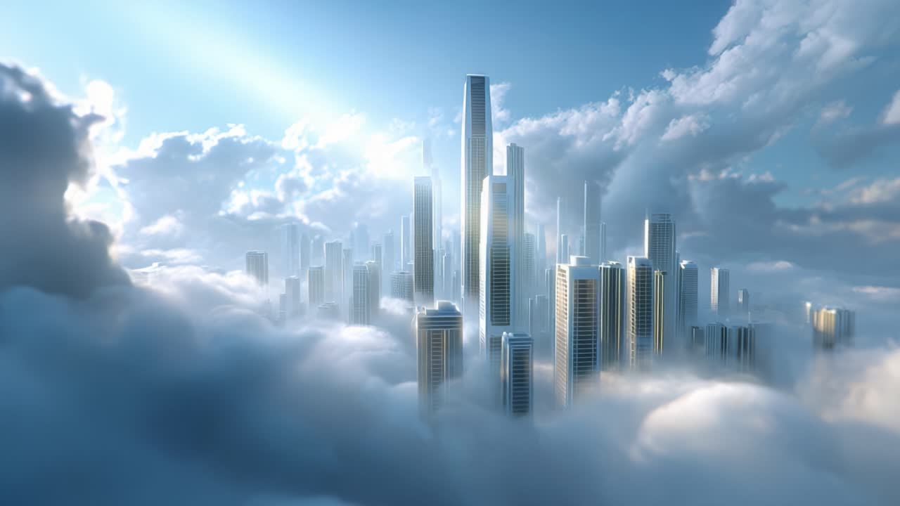Een majestueuze stad komt tevoorschijn uit de wolken, met torenhoge wolkenkrabbers en moderne architectuur, onder een heldere hemel en zachte bewolking