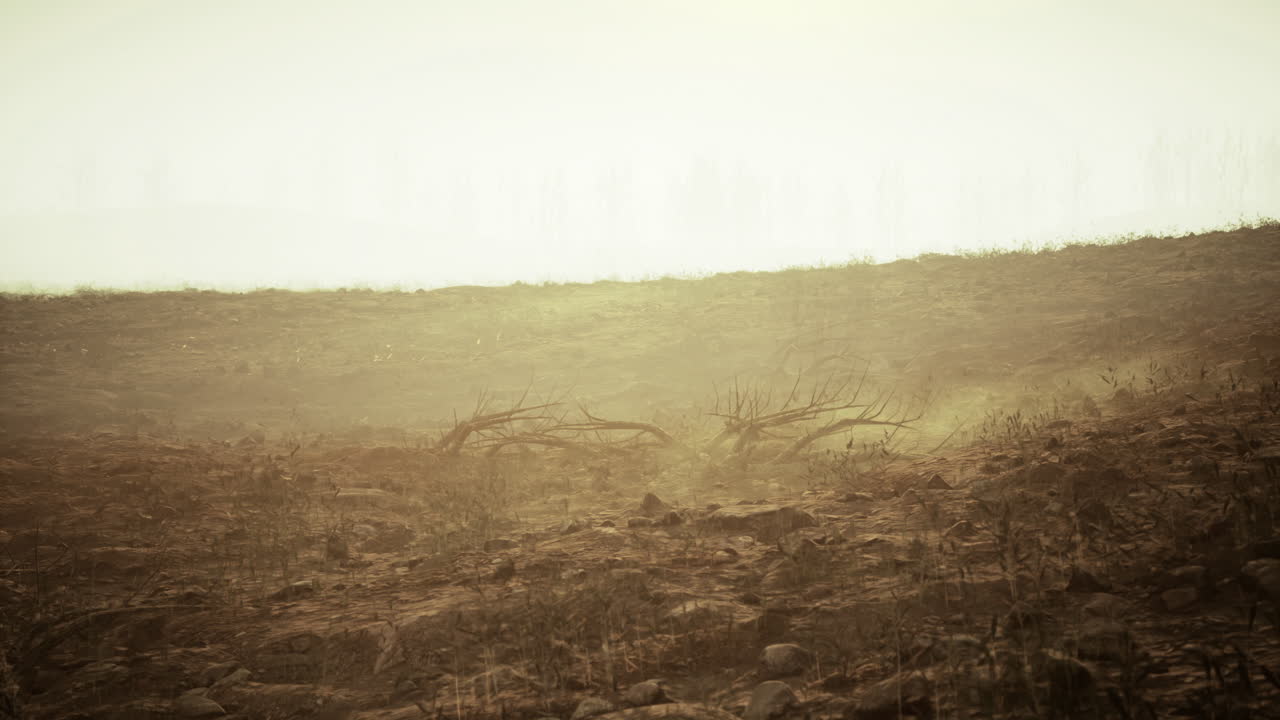 Smoke fills the air over a burnt landscape after a wildfire in dry season