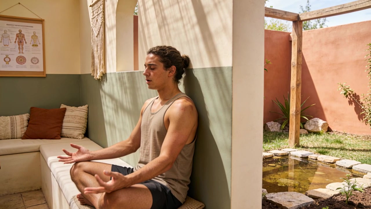 Inspirando profondamente, un uomo in canotta e pantaloncini cerca la calma su una panca incorporata in un angolo per la meditazione, con uno stagno.