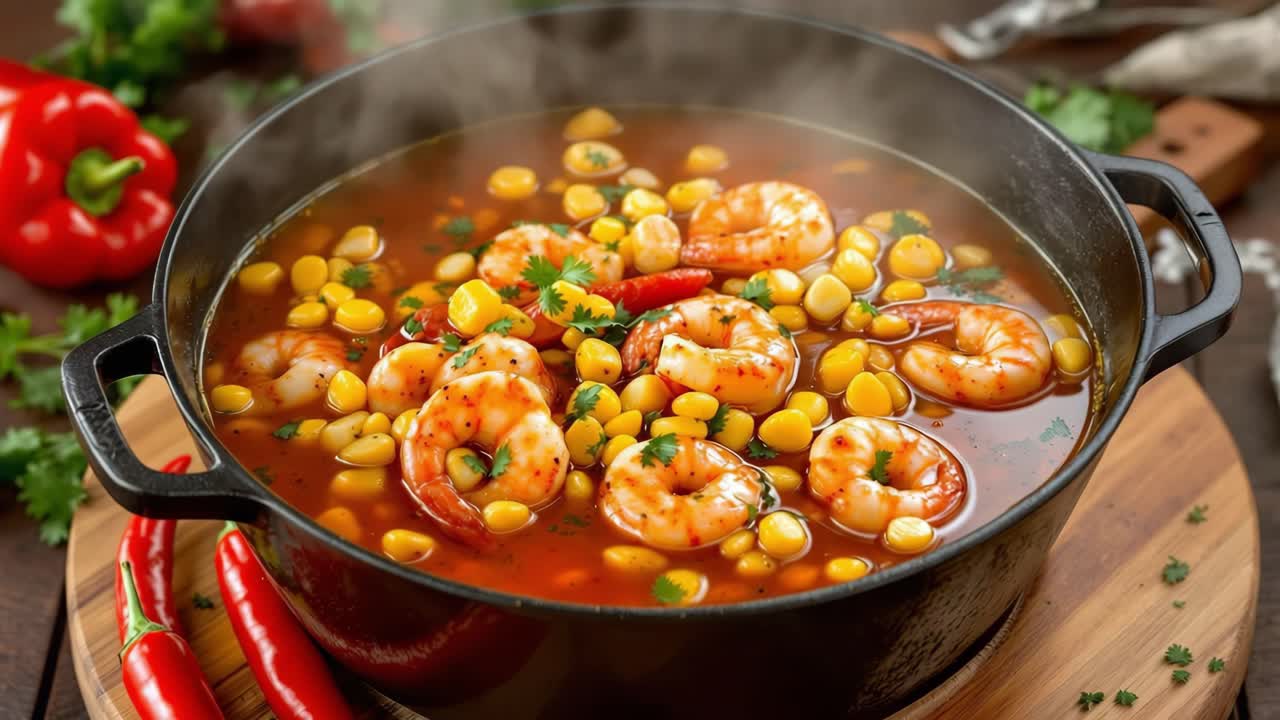 Shrimp and corn stew simmering in a black pot, surrounded by fresh herbs and red chili peppers, creating a warm and inviting atmosphere in a rustic kitchen setting