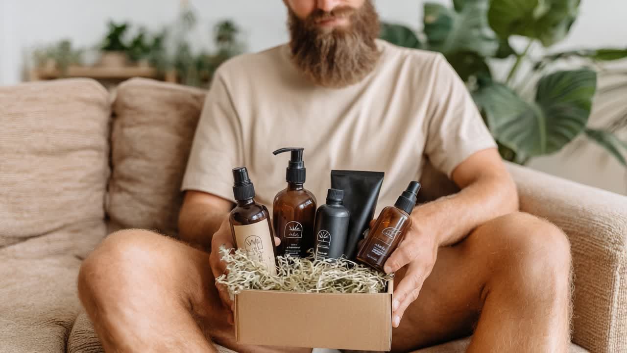 A well-groomed man holding a gift box filled with premium skincare products in an inviting indoor setting, showcasing a blend of grooming essentials for modern men