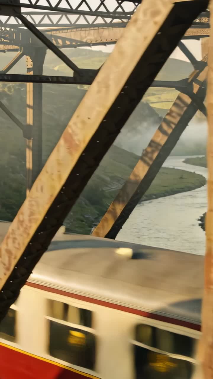 Vertikales Video: Eisenbahn zeigt Lokomotive, die in eine Fachwerkbrücke einfährt und Passagiere über ein Tal befördert