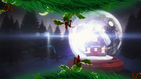 Animation-of-fir-tree-branches-over-christmas-snow-globe-in-winter-scenery