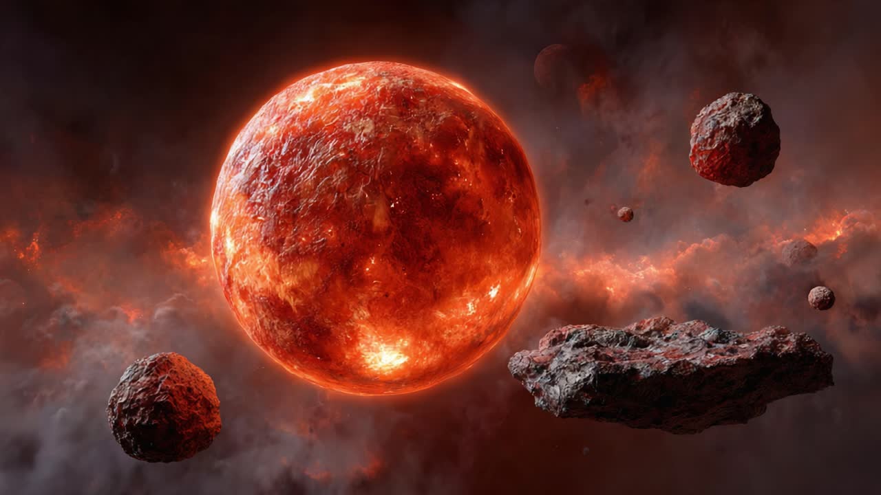 Stunning Cosmic Imagery Featuring a Bright Star Surrounded by Celestial Rocks in a Vivid Galactic Landscape of Fiery Colors and Deep Space Elements