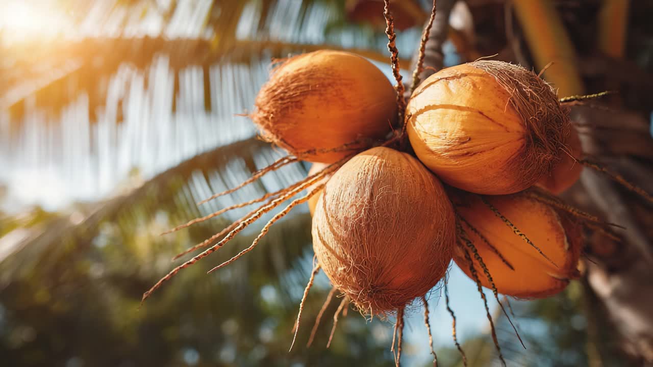 A Close-Up View of Freshly Harvested Coconuts Hanging from a Palm Tree in a Tropical Setting, Showcasing Their Texture and Natural Beauty