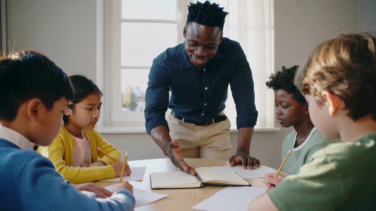 Pointing at open notebook, navy-shirted teacher guiding four children to write at round table
