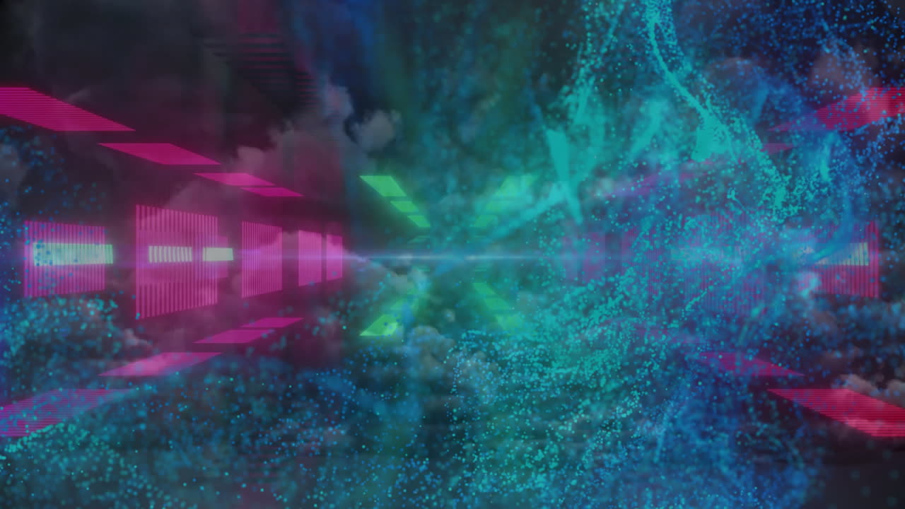 Animation of digital particles and neon shapes creating dynamic visual effects