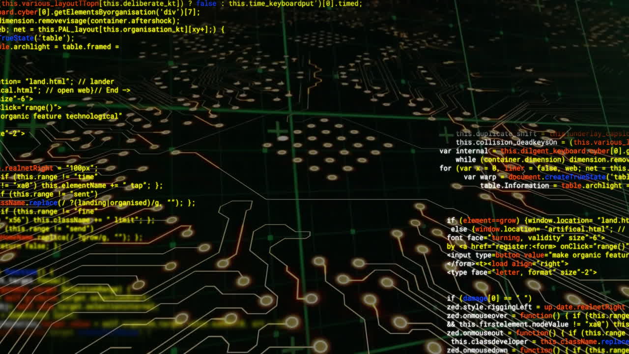 Animation of colourful text data processing over circuit board network on black background