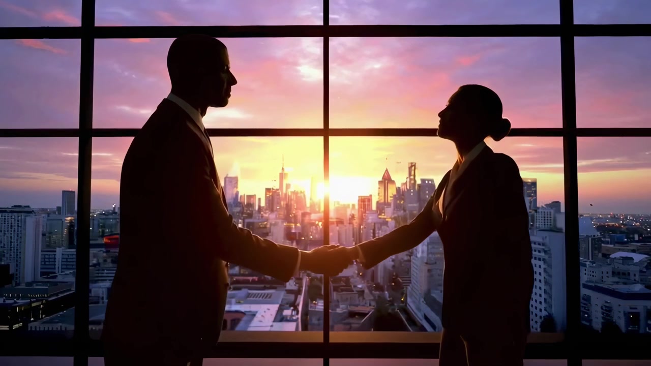 Professionisti che si stringono la mano in ufficio con lo skyline della città al tramonto
