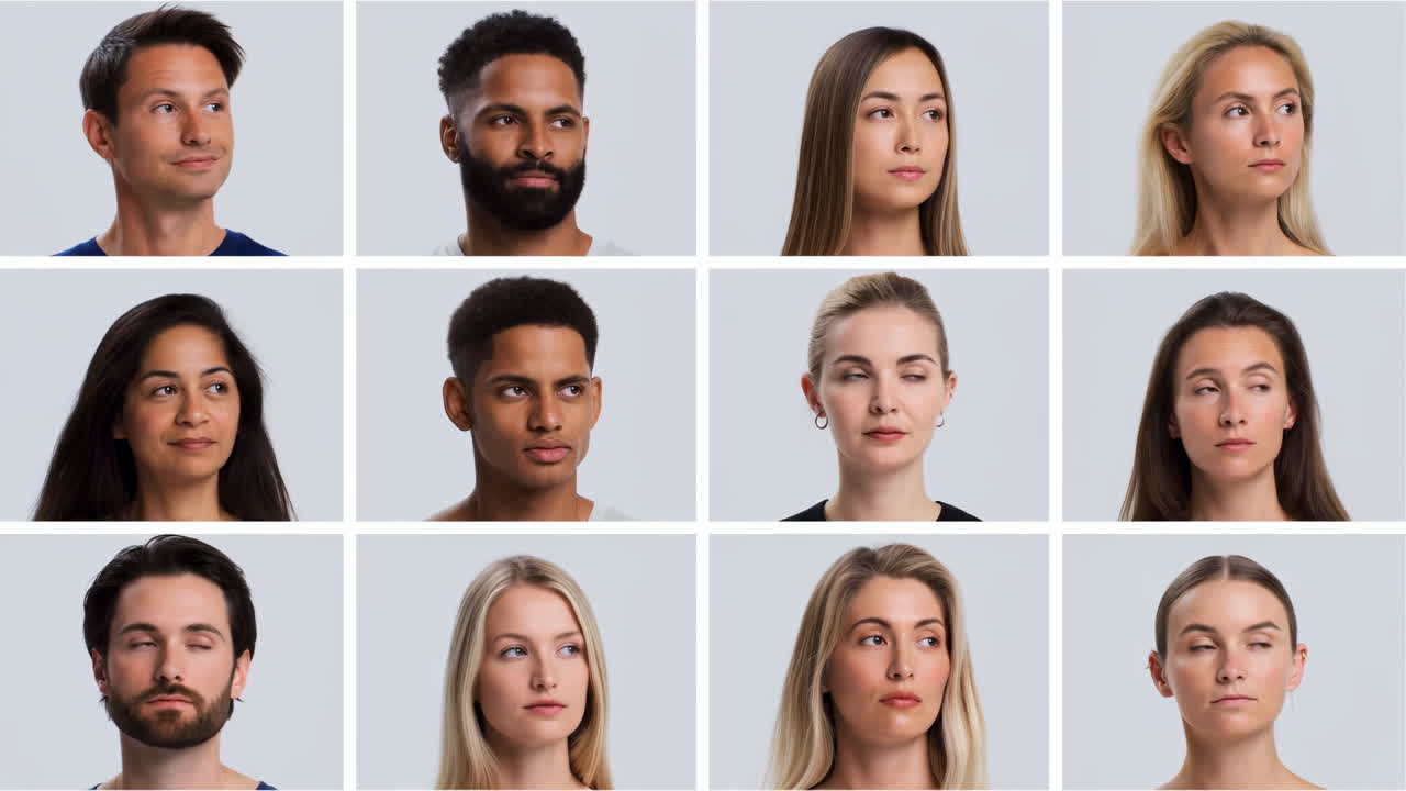 Griglia di persone diverse che sbattono le palpebre e guardano di lato
