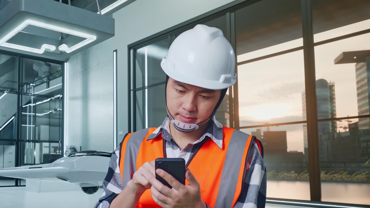 ingeniero que usa un teléfono inteligente en una oficina moderna