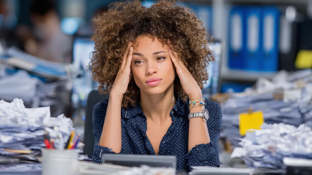 A Frustrated Office Worker Struggles with Overwhelming Paperwork and Stress While Attempting to Focus on Her Tasks Amid Disorganized Surroundings