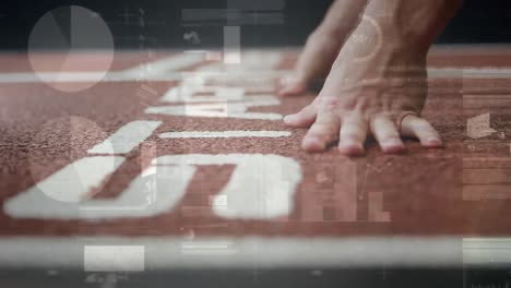 Animation of data processing over runner&#039;s hands on starting line of racing track
