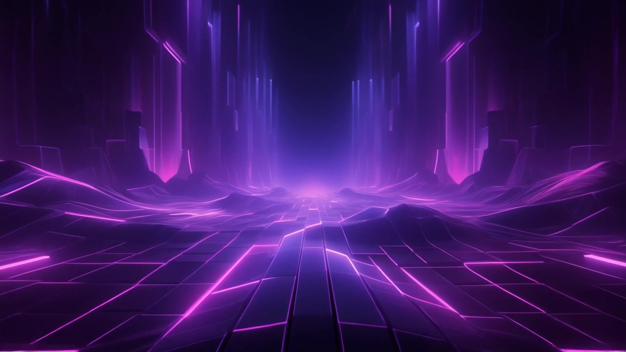 Futuristic Digital Tunnel with Glowing Purple Neon Grid Lines
