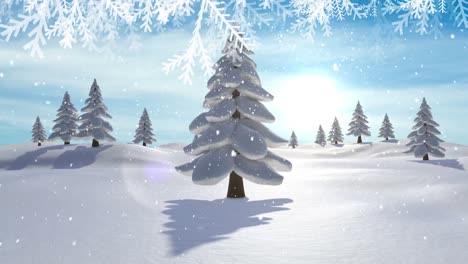 Animation-of-snow-falling-over-fir-trees-and-winter-landscape