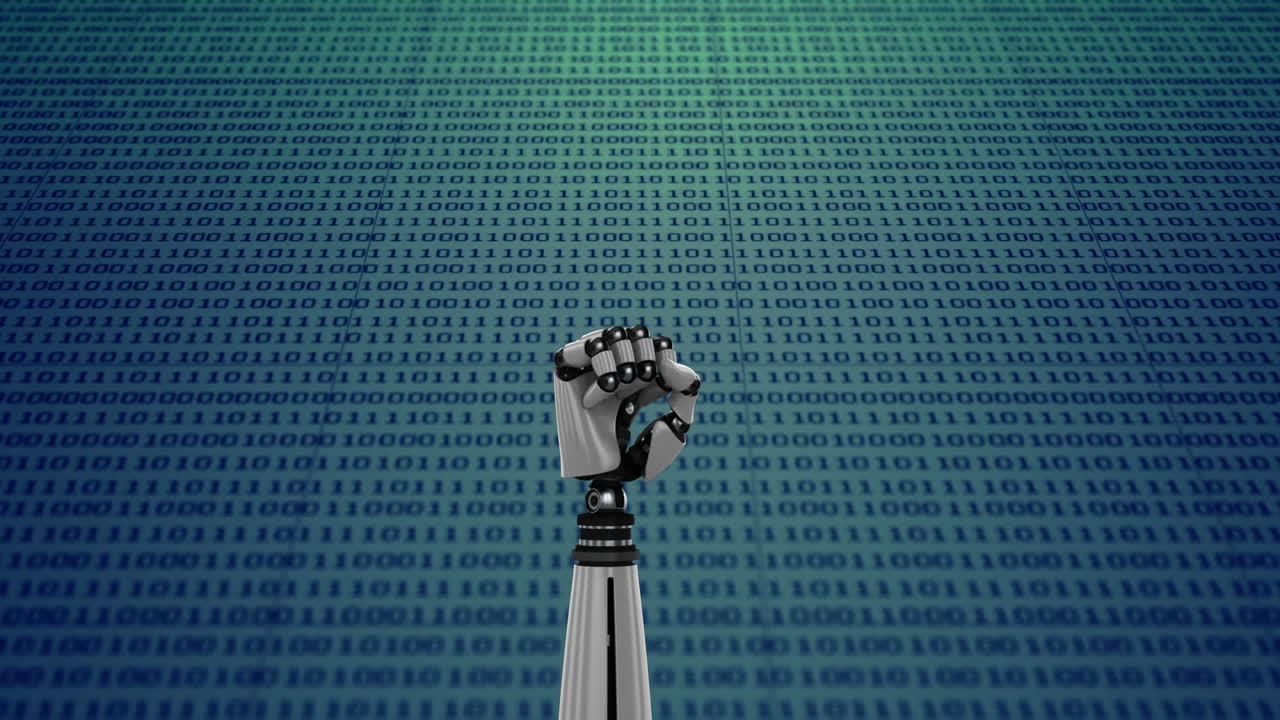 mano de robot giratoria con códigos binarios