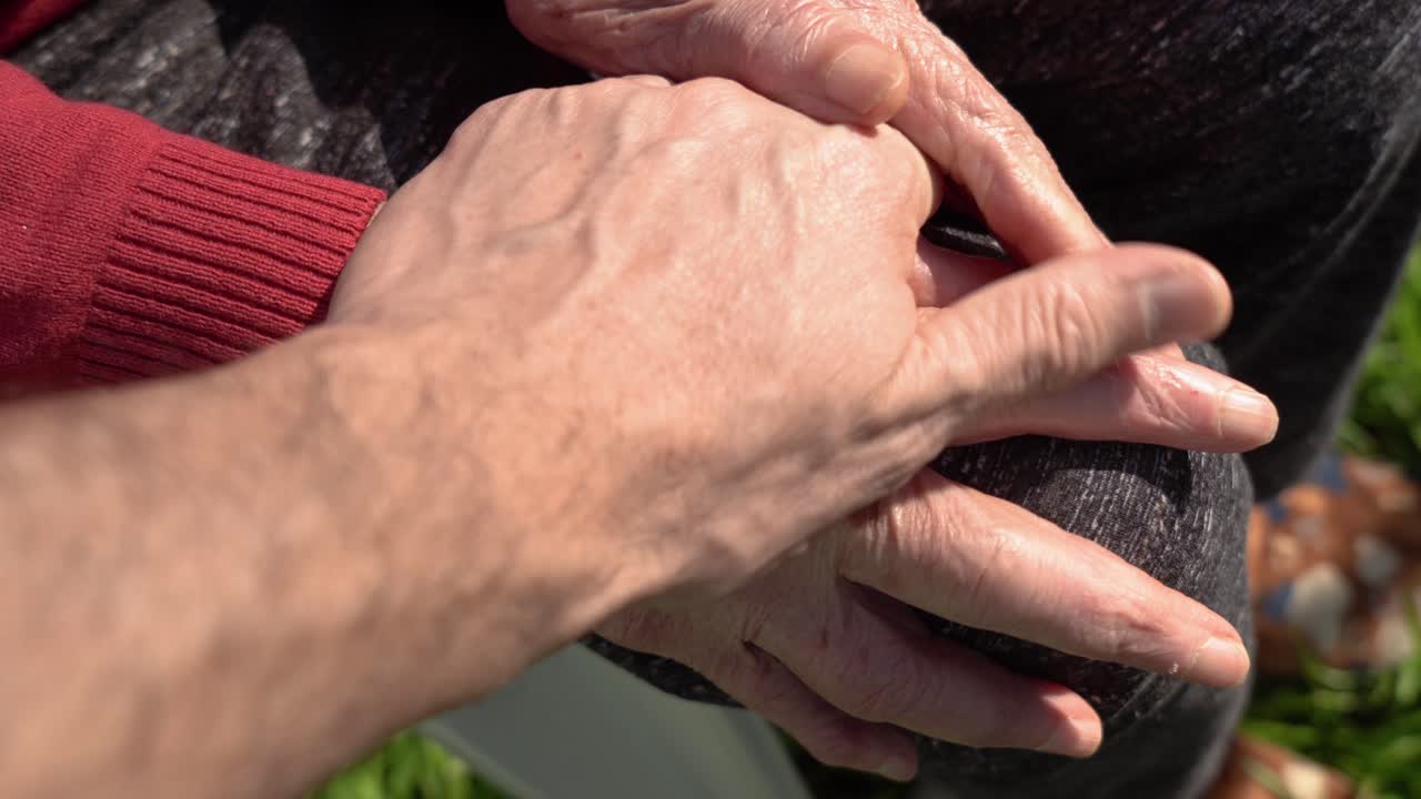 성인 아들 과 노인 어머니 가 손 을 잡고 있다