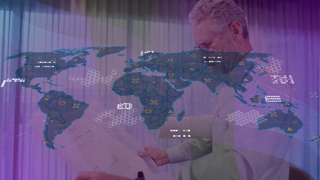 Mature man examining architecture blueprint indoors, overlaying digital world map with data points