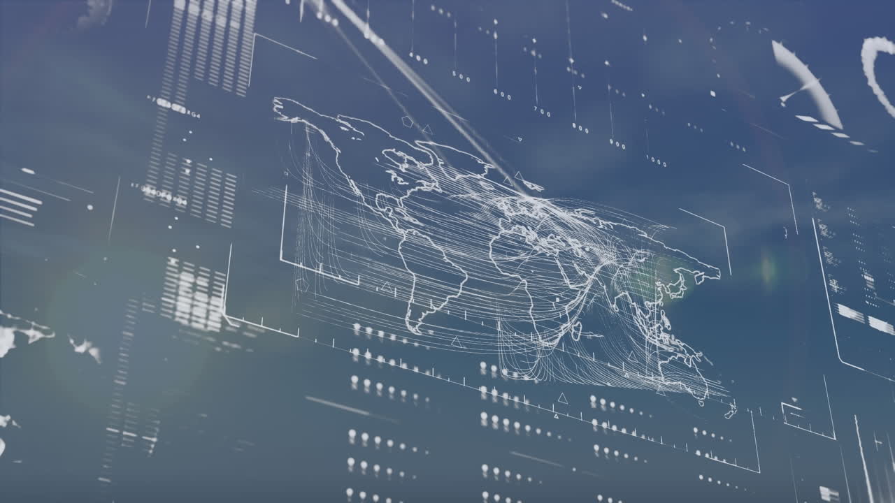 Animation of data processing with world map over moon and sun