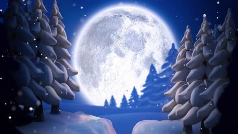 animation of snow falling over christmas winter scenery with full moon background