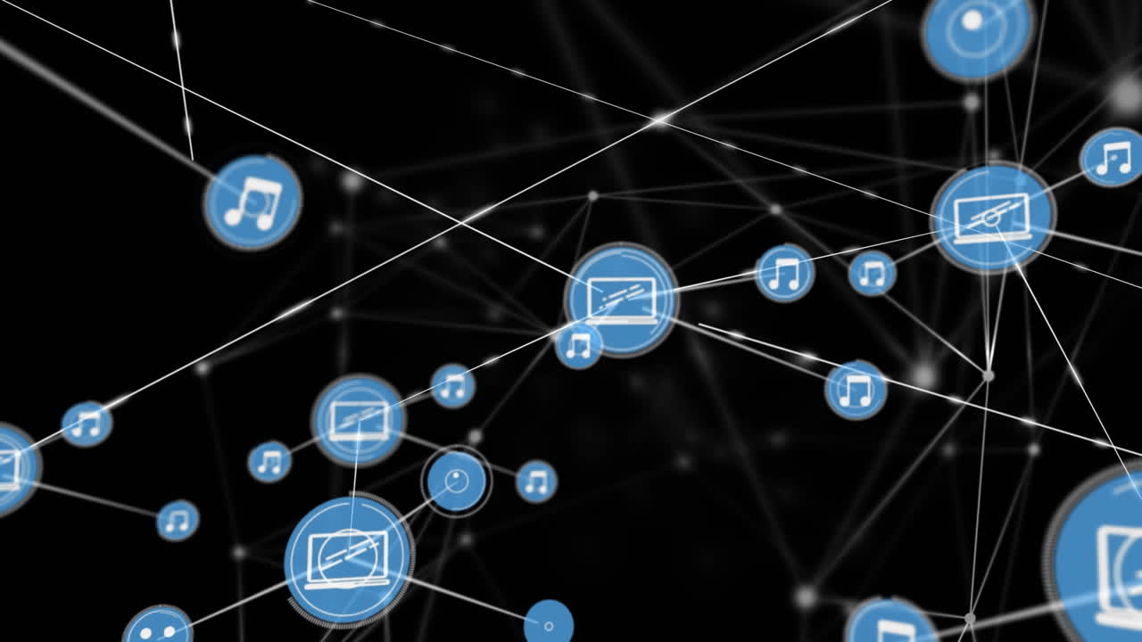 animación de la red de conexiones con iconos sobre fondo negro