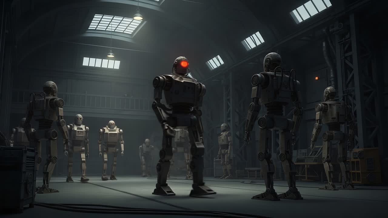 A group of robotic figures gathered in a dimly lit industrial setting, showcasing advanced technology and intricate designs; a glimpse into an automated era that questions sentience and purpose