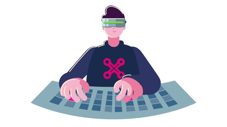 young man gamer with keyboard character