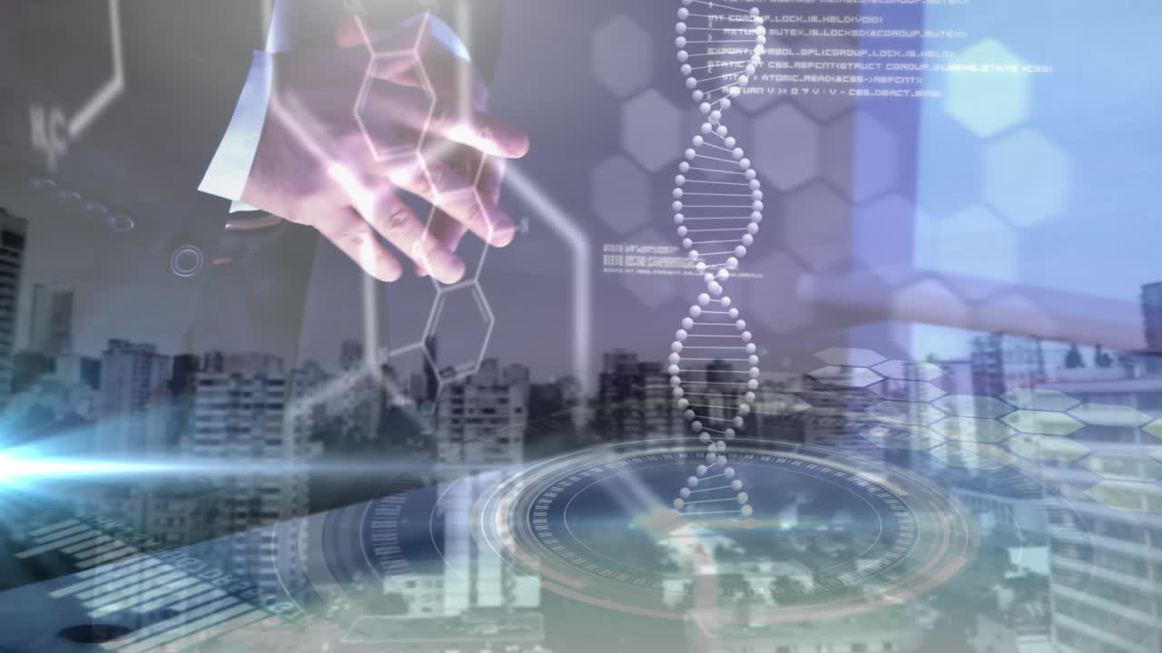 animación del hilado de la cadena de adn y el procesamiento de datos médicos sobre el hombre utilizando una pantalla interactiva
