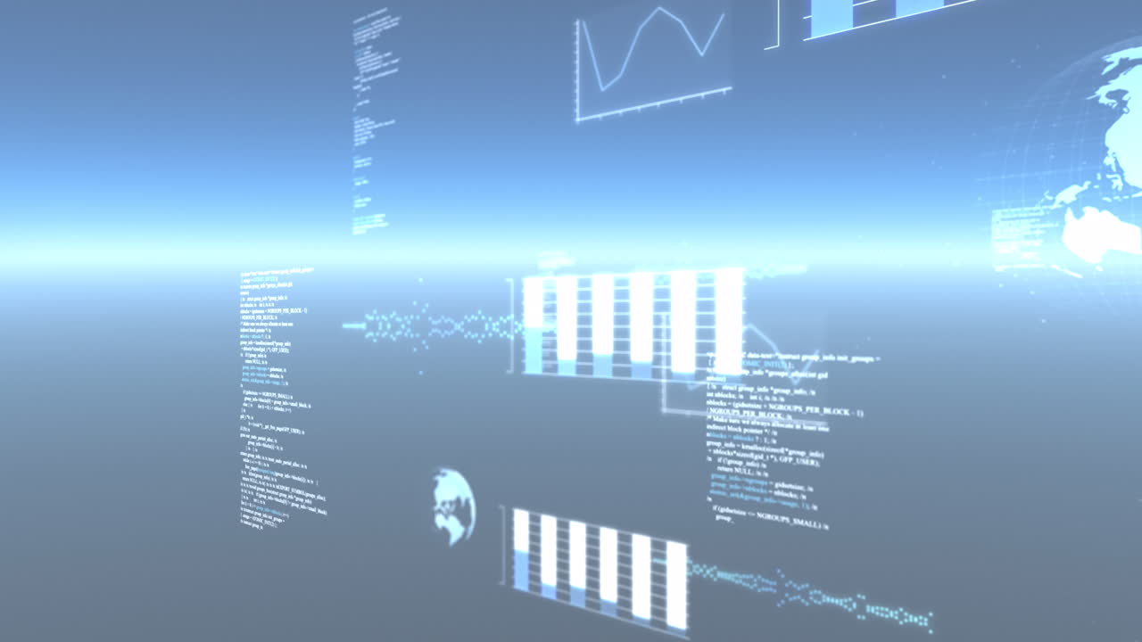Animation of data processing and statistics recording on glowing blue background