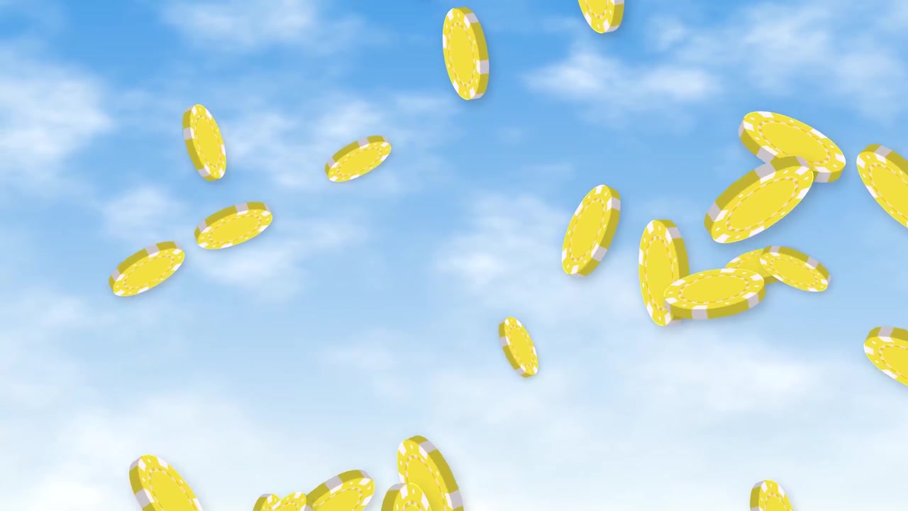एनिमेटेड पीले कैसीनो चिप्स नरम बादलों के साथ एक चमकीले नीले आकाश से गिरते और लुढ़कते हैं
