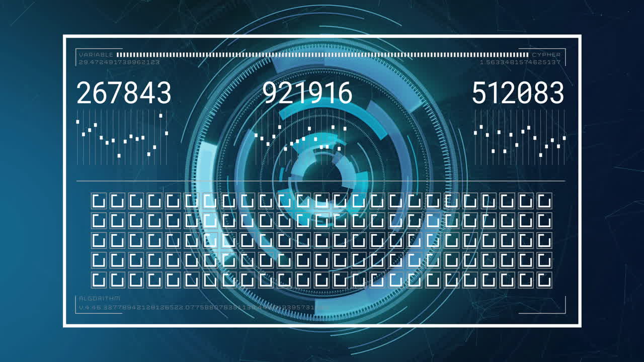 Digital security code animation over futuristic interface with numbers and checkboxes
