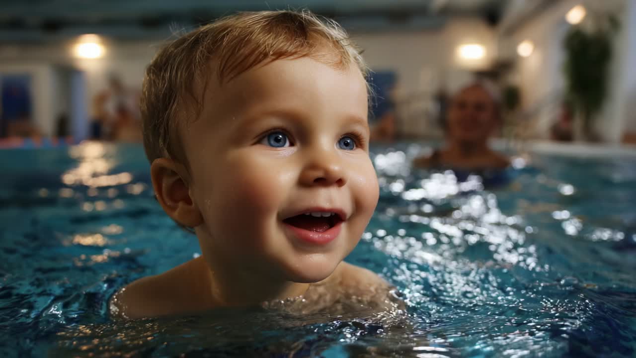 Joyful Moments in the Water: A Young Child’s Delightful Swimming Experience Captured in Two Frames, Showcasing Laughter and Happiness in a Serene Pool Environment