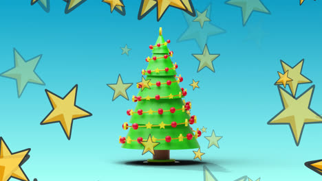 animación de estrellas sobre el árbol de navidad en fondo azul