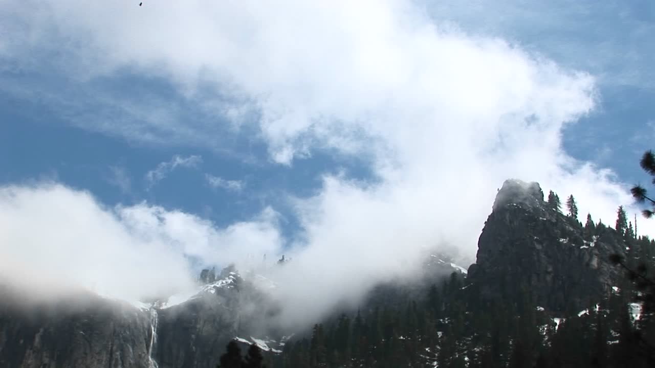 낮은 구름에 가려진 요세미티 산맥의 미디엄 샷