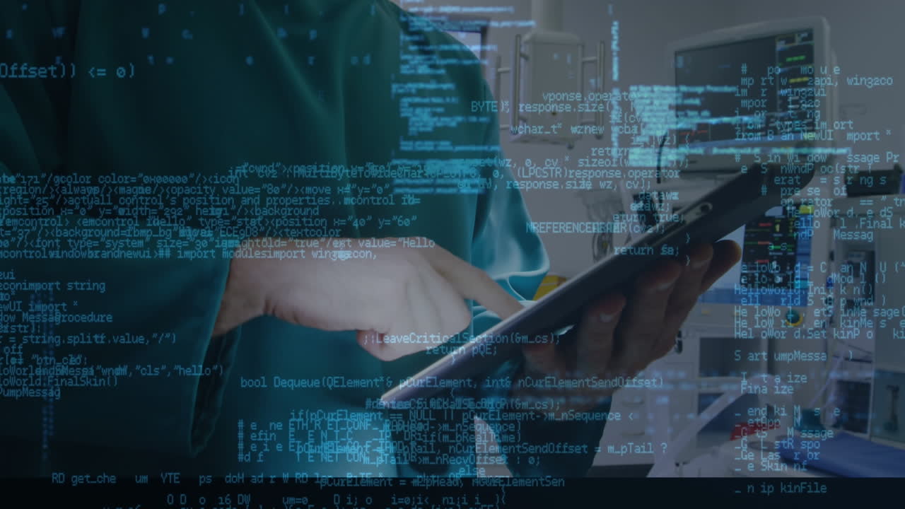 animación del procesamiento de datos sobre el médico utilizando tableta y cuadrícula