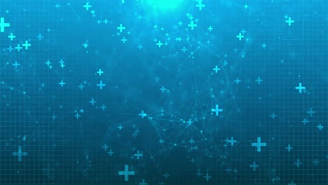 floating plus signs dynamic medical technology grid glowing blue symbols creates sense of futuristic