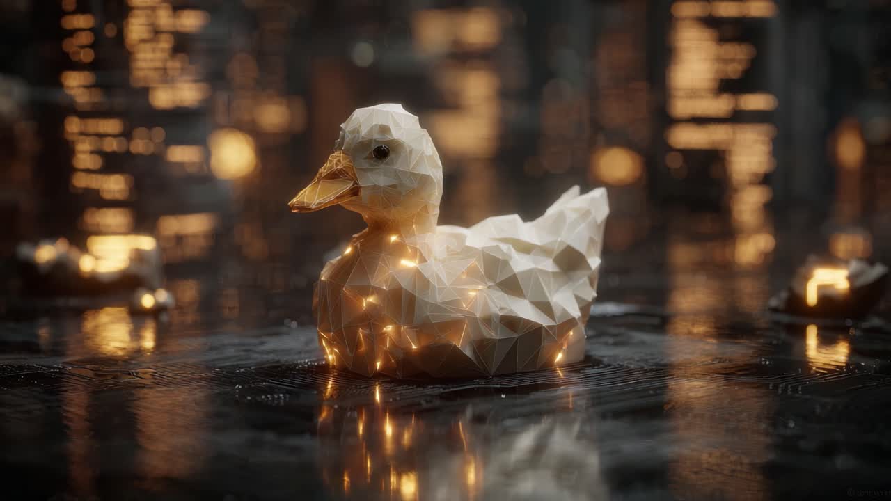 A Stunningly Crafted Low-Poly Duck Elegantly Illuminated Amidst Glimmering Reflections in a Mystical Digital Environment Creating a Captivating Visual Experience