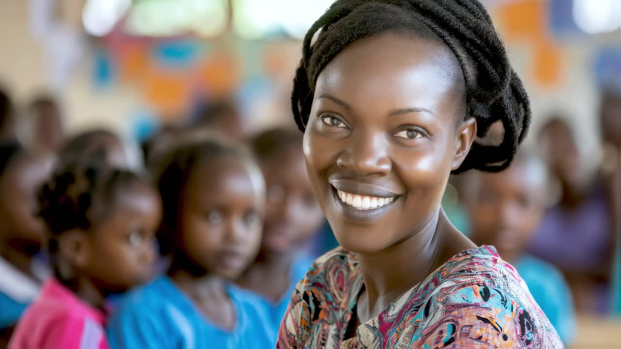 Confident african female educator standing with warm smile, radiating positivity while interacting with young students inside bright classroom learning environment
