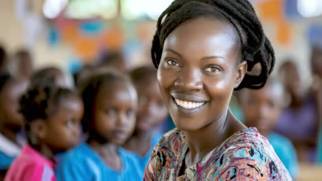 confident african female educator standing with warm smile, radiating positivity while interacting with young students inside bright classroom learning environment