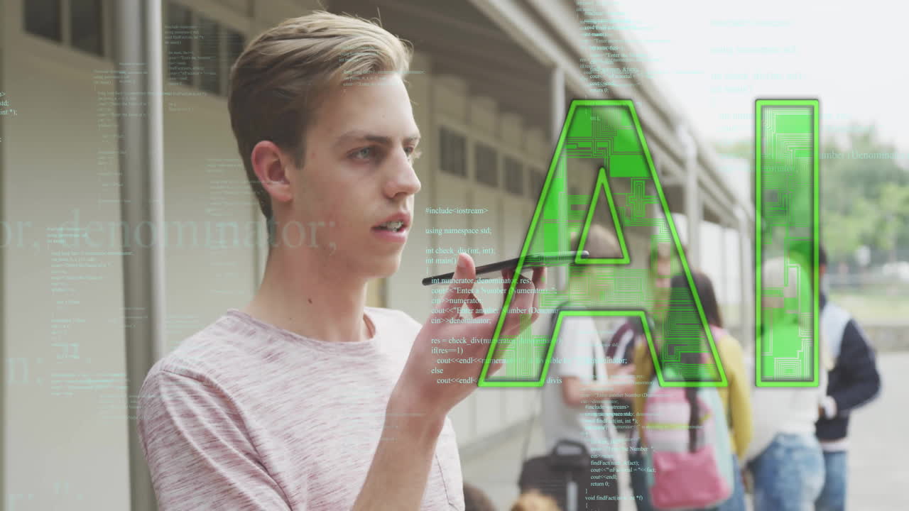 animación de procesamiento de datos y texto ai sobre estudiante caucásico hablando en teléfono inteligente