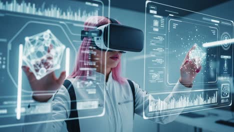 exploring the future of technology: a woman engaged in an immersive virtual reality experience with interactive holographic displays and advanced data visualizations