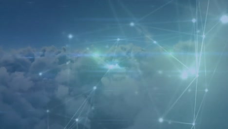 Animation-of-network-of-connections-over-clouds-in-background