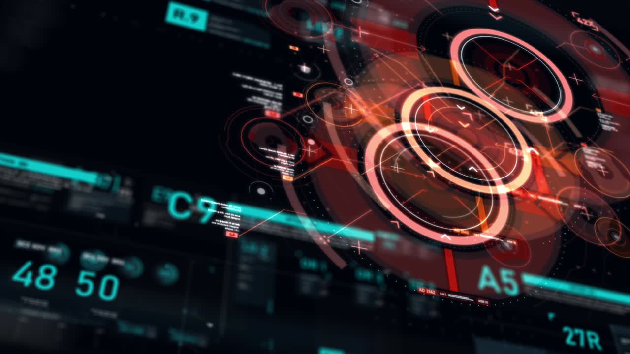 puntero objetivo y interfaz de usuario futurista hud gui elemento de número de texto digital para tecnología cibernética concepto con poca profundidad de campo oscuro y procesado de grano