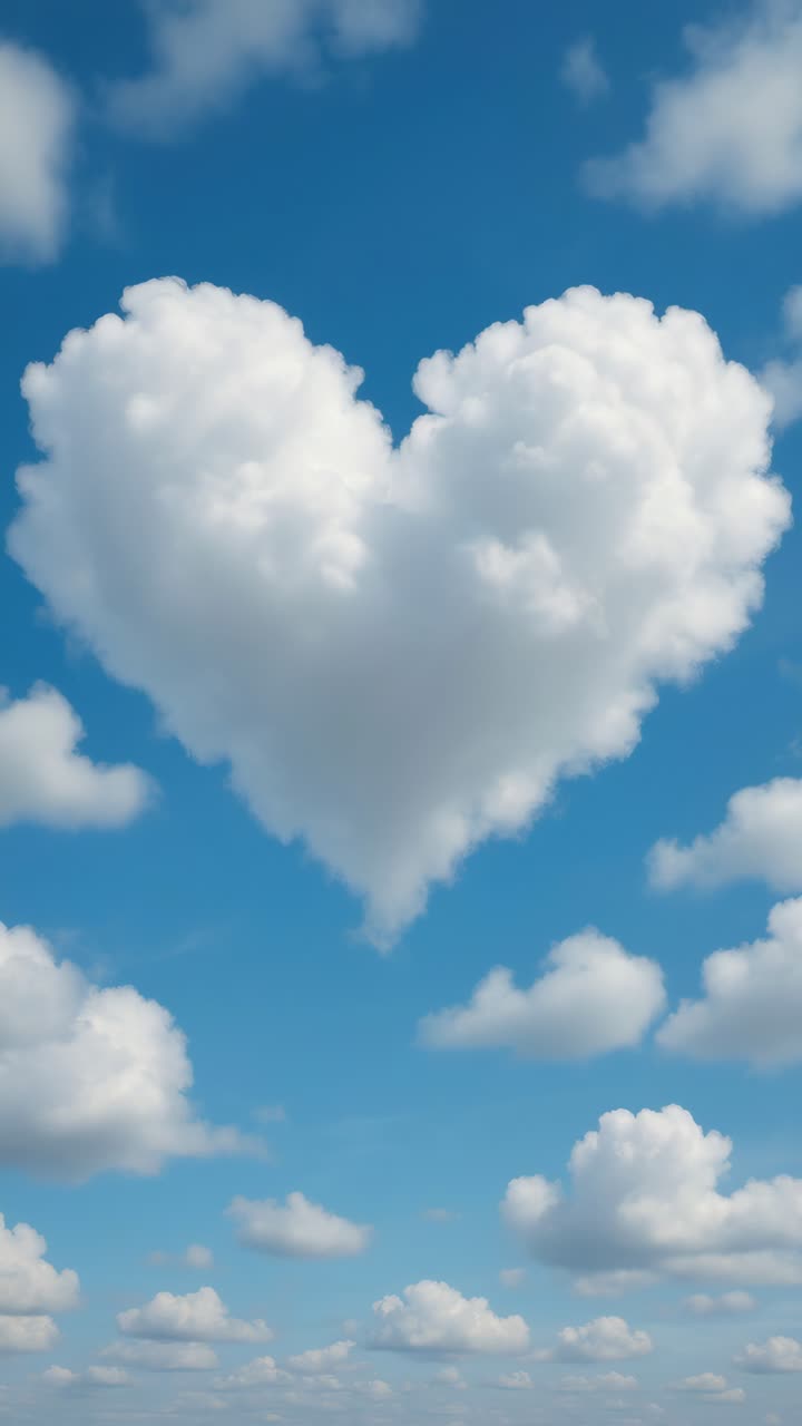 Aerial view of a heart-shaped cloud against a clear blue sky, capturing a whimsical and romantic