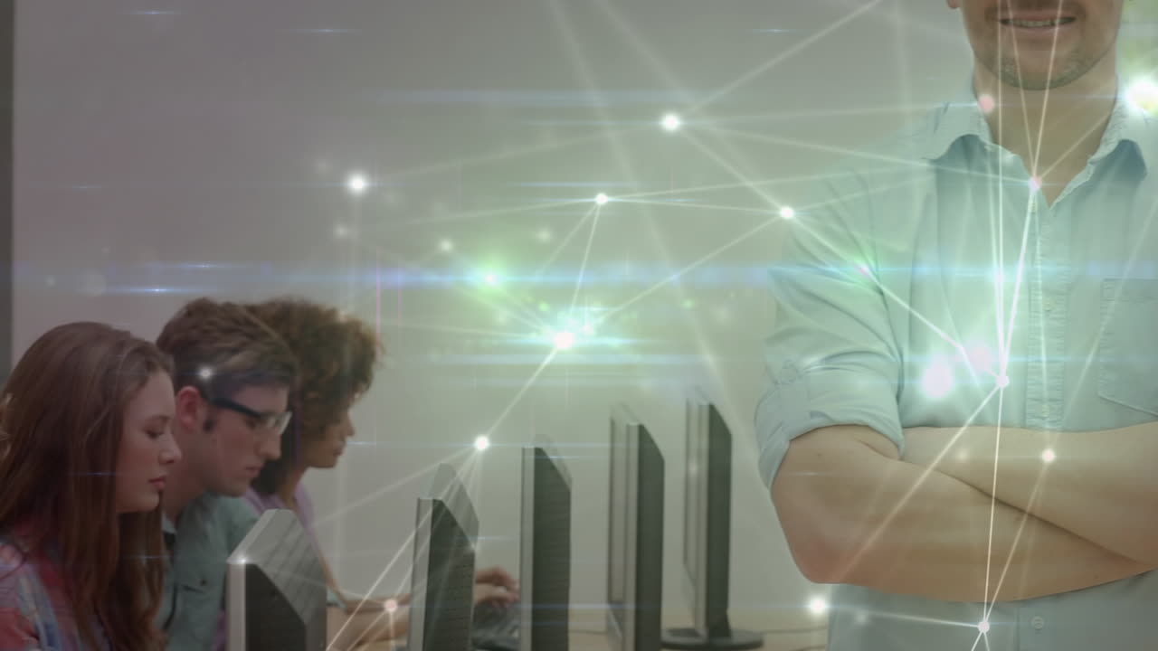 animación de conexiones entre un maestro caucásico y una clase de alumnos diversos que utilizan computadoras