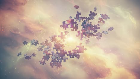 a dreamy compilation of floating puzzle pieces illuminated by ethereal light against a cosmic background, evoking imagination and exploration of possibilities